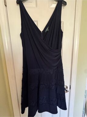Ralph Lauren Navy Blue Sleeveless Draped V-Neck Midi Dress